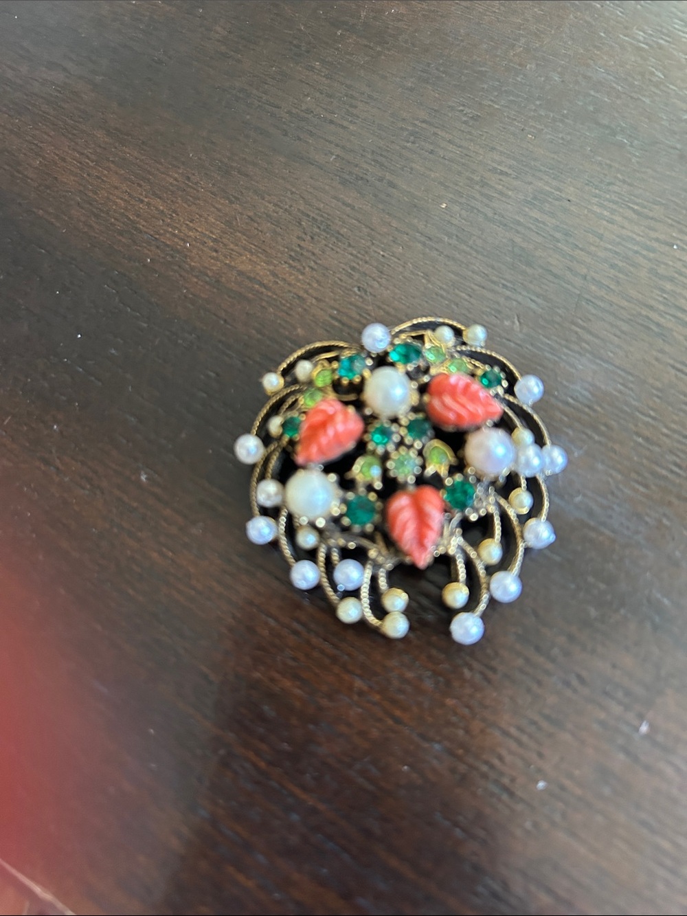 Vintage-Inspired Floral Cluster Brooch with Coral Leaves and Emerald Accents